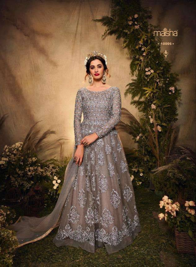 Saumya Long Wedding gown by Maisha Designer Stylish Fancy Party Wear & Ethnic Wear Collection Net Gowns With Dupatta At Wholesale Price